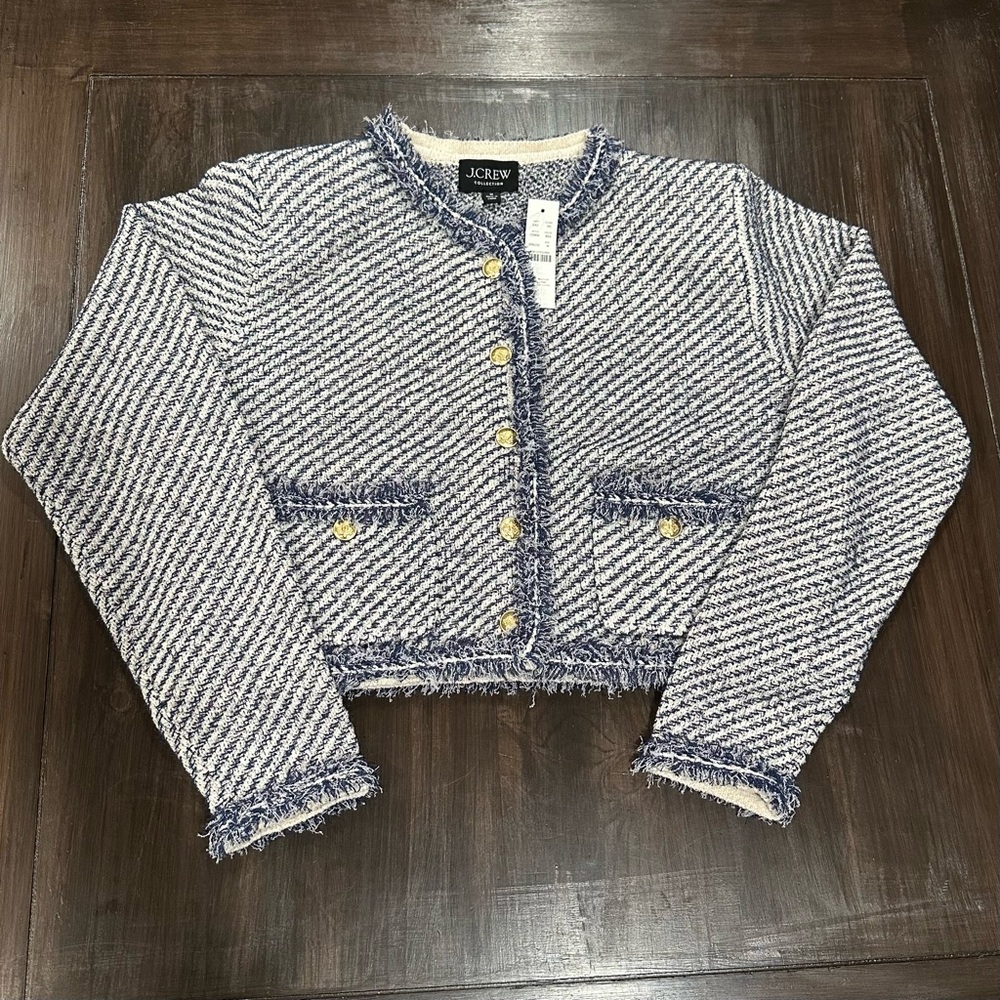 J.Crew Collection Textured Cotton Lady Jacket | NWT | M | Navy White | Fringe - Picture 3 of 15